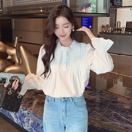 BY12471# 秋季新款韩版百搭圆领拼接长袖衬衫女上衣秋 服裝批發女裝批發服飾貨源