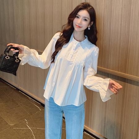 BY12471# 秋季新款韩版百搭圆领拼接长袖衬衫女上衣秋 服裝批發女裝批發服飾貨源