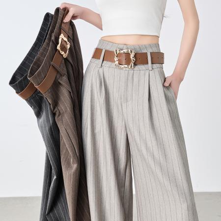 BY12475# 慵懒风条纹西装阔腿裤女春夏薄款高腰宽松休闲直筒垂感气质拖地裤 服裝批發女裝批發服飾貨源