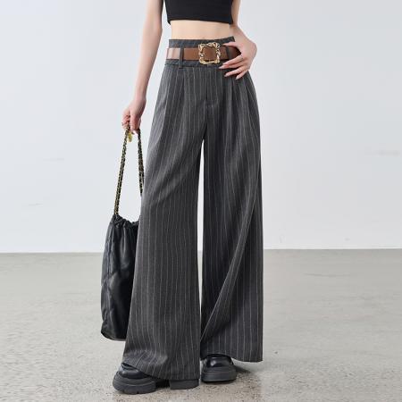 BY12475# 慵懒风条纹西装阔腿裤女春夏薄款高腰宽松休闲直筒垂感气质拖地裤 服裝批發女裝批發服飾貨源