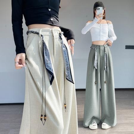BY12476# 灰绿色阔腿西装裤女春夏新款高腰显瘦垂感编织腰带直筒休闲裤 服裝批發女裝批發服飾貨源