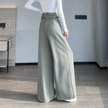 BY12476# 灰绿色阔腿西装裤女春夏新款高腰显瘦垂感编织腰带直筒休闲裤 服裝批發女裝批發服飾貨源