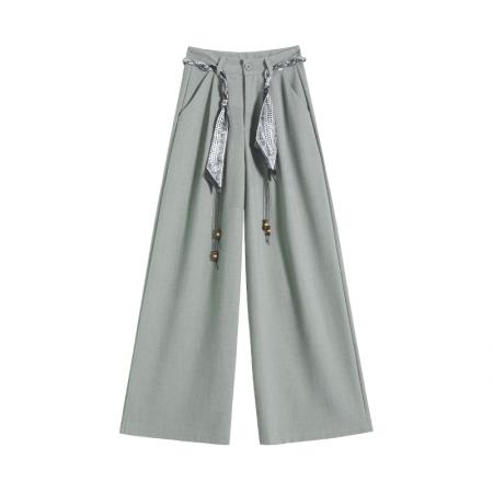 BY12476# 灰绿色阔腿西装裤女春夏新款高腰显瘦垂感编织腰带直筒休闲裤 服裝批發女裝批發服飾貨源