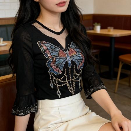 BY12478# 春夏季新款上衣性感镂空网纱拼接重工艺烫钻显瘦荷叶中袖女式 服裝批發女裝批發服飾貨源