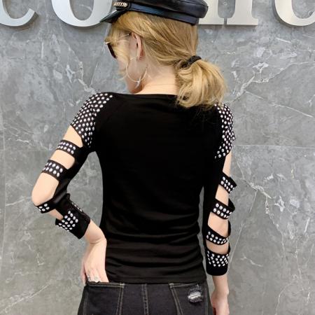 BY12480# 春季烫钻镂空时尚设计感圆领显瘦百搭七分袖上衣T恤女 服裝批發女裝批發服飾貨源