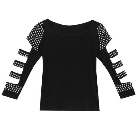 BY12480# 春季烫钻镂空时尚设计感圆领显瘦百搭七分袖上衣T恤女 服裝批發女裝批發服飾貨源