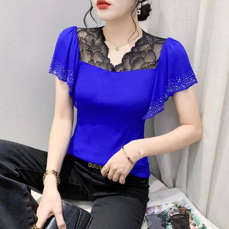 BY12481# 夏季新款性感镂空蕾丝重工艺烫钻双层网荷叶边袖上衣女潮 服裝批發女裝批發服飾貨源