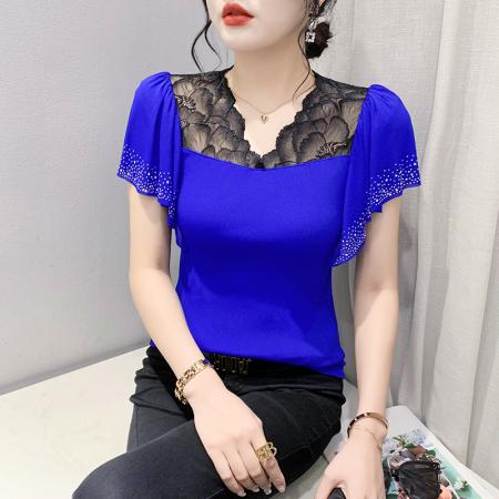 BY12481# 夏季新款性感镂空蕾丝重工艺烫钻双层网荷叶边袖上衣女潮 服裝批發女裝批發服飾貨源