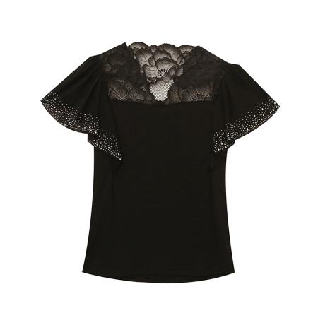 BY12481# 夏季新款性感镂空蕾丝重工艺烫钻双层网荷叶边袖上衣女潮 服裝批發女裝批發服飾貨源