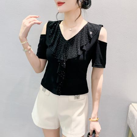 BY12482# 夏季韩版新款漏肩荷叶边镶钻设计感百搭女短袖上衣小衫 服裝批發女裝批發服飾貨源