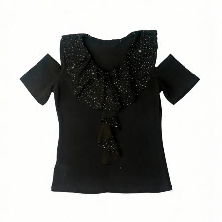 BY12482# 夏季韩版新款漏肩荷叶边镶钻设计感百搭女短袖上衣小衫 服裝批發女裝批發服飾貨源