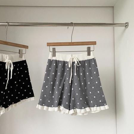 BY12483# 春秋新款韩系甜美减龄小个子木耳边波点休闲裤宽松百搭短裤女 服裝批發女裝批發服飾貨源