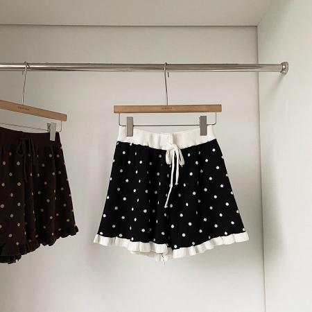 BY12483# 春秋新款韩系甜美减龄小个子木耳边波点休闲裤宽松百搭短裤女 服裝批發女裝批發服飾貨源