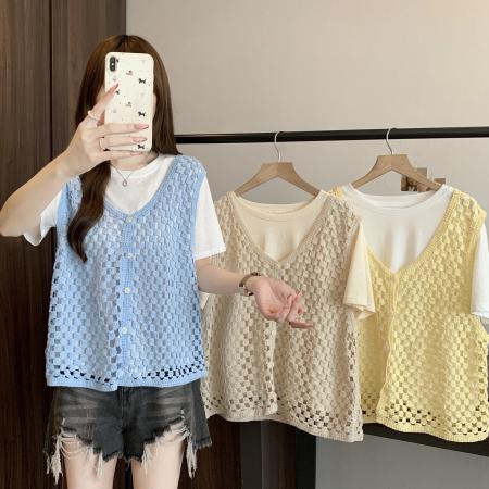 BY12484# 韩系镂空坎肩针织开衫女夏季超好看叠穿短袖打底衫两件套 服裝批發女裝批發服飾貨源