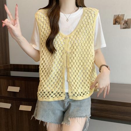 BY12484# 韩系镂空坎肩针织开衫女夏季超好看叠穿短袖打底衫两件套 服裝批發女裝批發服飾貨源