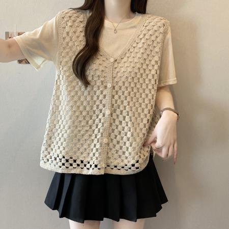 BY12484# 韩系镂空坎肩针织开衫女夏季超好看叠穿短袖打底衫两件套 服裝批發女裝批發服飾貨源