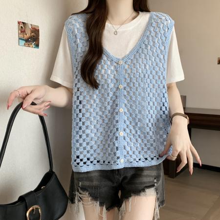 BY12484# 韩系镂空坎肩针织开衫女夏季超好看叠穿短袖打底衫两件套 服裝批發女裝批發服飾貨源