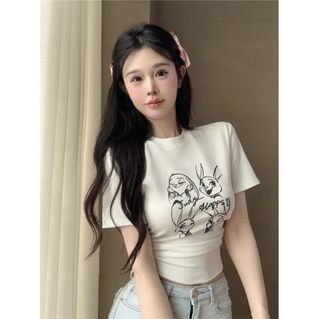 BY12487# 复古褶皱收腰短袖t恤设计感卡通印花露脐短款上衣女 服裝批發女裝批發服飾貨源