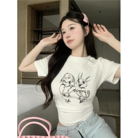 BY12487# 复古褶皱收腰短袖t恤设计感卡通印花露脐短款上衣女 服裝批發女裝批發服飾貨源