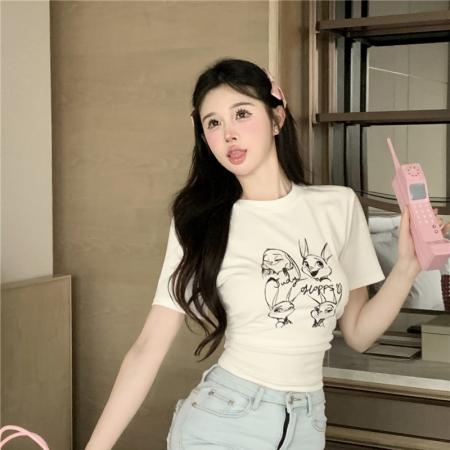 BY12487# 复古褶皱收腰短袖t恤设计感卡通印花露脐短款上衣女 服裝批發女裝批發服飾貨源