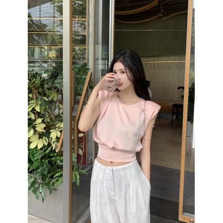 BY12488# 法式气质缎面上衣设计感无袖小众后背绑带蝴蝶结圆领衬衫 服裝批發女裝批發服飾貨源