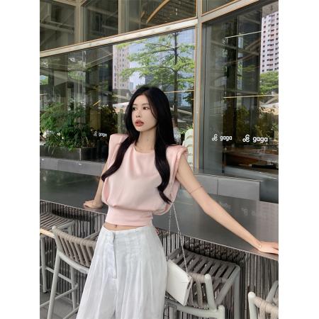 BY12488# 法式气质缎面上衣设计感无袖小众后背绑带蝴蝶结圆领衬衫 服裝批發女裝批發服飾貨源