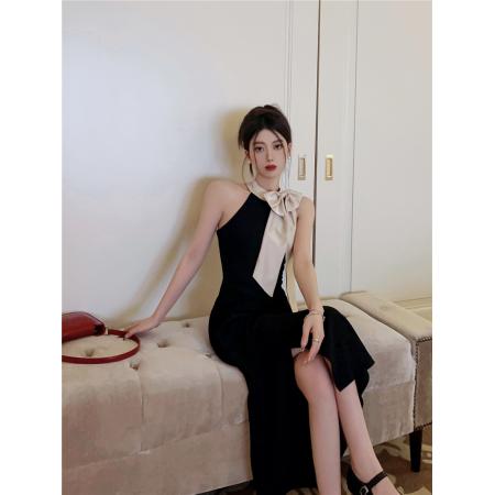 BY12491# 小个子气质丝巾蝴蝶结挂脖连衣裙收腰显瘦无袖中长款裙子 服裝批發女裝批發服飾貨源