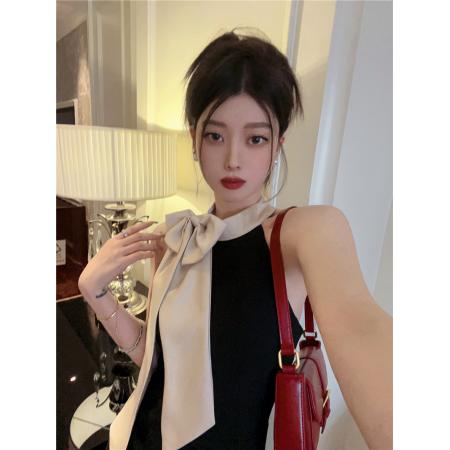 BY12491# 小个子气质丝巾蝴蝶结挂脖连衣裙收腰显瘦无袖中长款裙子 服裝批發女裝批發服飾貨源