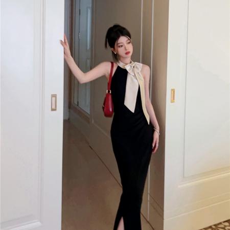 BY12491# 小个子气质丝巾蝴蝶结挂脖连衣裙收腰显瘦无袖中长款裙子 服裝批發女裝批發服飾貨源