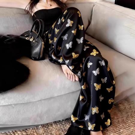 BY12492# 法式黑色蝴蝶印花阔腿裤女春季新款高腰显瘦宽松休闲薄款长裤 服裝批發女裝批發服飾貨源