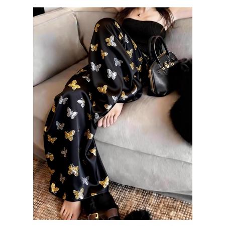 BY12492# 法式黑色蝴蝶印花阔腿裤女春季新款高腰显瘦宽松休闲薄款长裤 服裝批發女裝批發服飾貨源