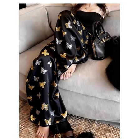 BY12492# 法式黑色蝴蝶印花阔腿裤女春季新款高腰显瘦宽松休闲薄款长裤 服裝批發女裝批發服飾貨源