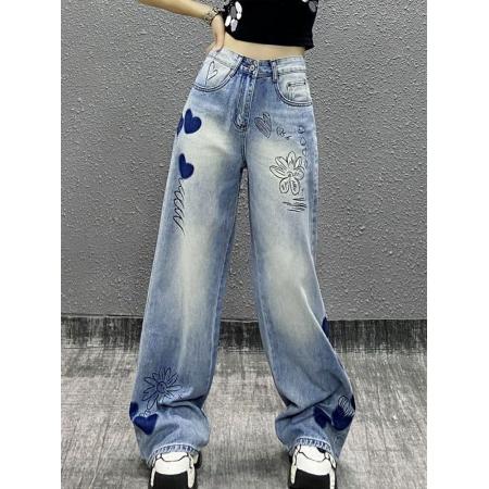 BY12493# 撞色手绘印花垂感牛仔裤女春新款高腰宽松显瘦百搭直筒阔腿裤 服裝批發女裝批發服飾貨源