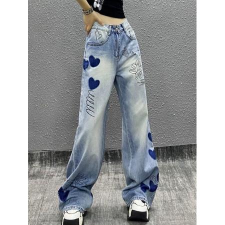 BY12493# 撞色手绘印花垂感牛仔裤女春新款高腰宽松显瘦百搭直筒阔腿裤 服裝批發女裝批發服飾貨源