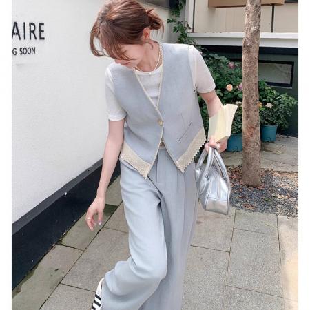 BY12494# 浅蓝色时尚小香风马甲套装女新款夏季气质蕾丝拼接长裤两件套 服裝批發女裝批發服飾貨源