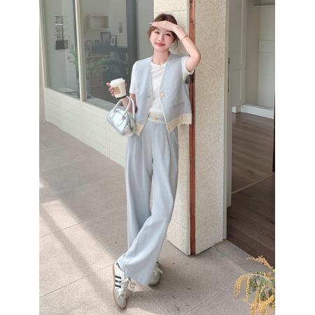 BY12494# 浅蓝色时尚小香风马甲套装女新款夏季气质蕾丝拼接长裤两件套 服裝批發女裝批發服飾貨源