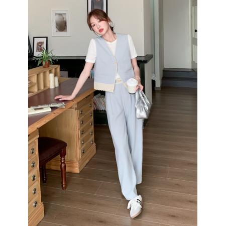 BY12494# 浅蓝色时尚小香风马甲套装女新款夏季气质蕾丝拼接长裤两件套 服裝批發女裝批發服飾貨源