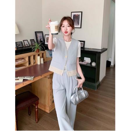 BY12494# 浅蓝色时尚小香风马甲套装女新款夏季气质蕾丝拼接长裤两件套 服裝批發女裝批發服飾貨源