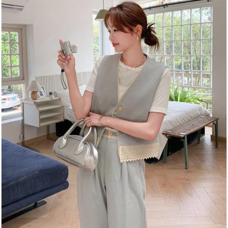 BY12494# 浅蓝色时尚小香风马甲套装女新款夏季气质蕾丝拼接长裤两件套 服裝批發女裝批發服飾貨源