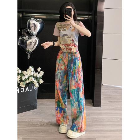 BY12495# 韩系高级感穿搭套装女夏新款温柔印花T恤潮流泼墨彩色牛仔裤 服裝批發女裝批發服飾貨源