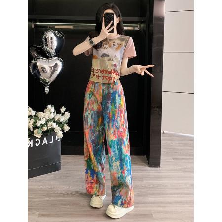 BY12495# 韩系高级感穿搭套装女夏新款温柔印花T恤潮流泼墨彩色牛仔裤 服裝批發女裝批發服飾貨源