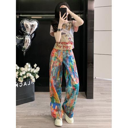 BY12495# 韩系高级感穿搭套装女夏新款温柔印花T恤潮流泼墨彩色牛仔裤 服裝批發女裝批發服飾貨源