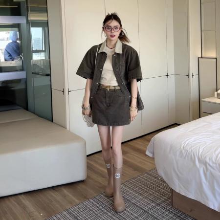 BY12496# 欧洲站春夏新款短袖外套a字短裙牛仔两件套女高级感炸街套装 服裝批發女裝批發服飾貨源