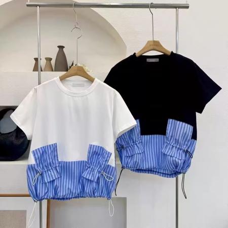 BY12497# 韩国东大门春夏新款女装圆领时尚撞色竖条纹拼接下摆抽绳T恤 服裝批發女裝批發服飾貨源