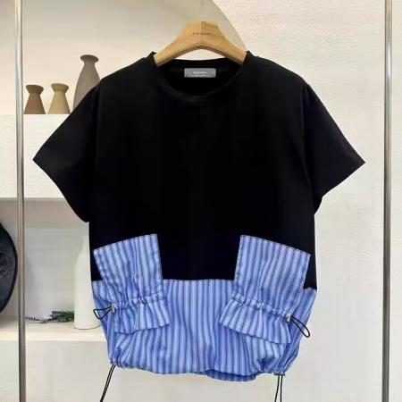 BY12497# 韩国东大门春夏新款女装圆领时尚撞色竖条纹拼接下摆抽绳T恤 服裝批發女裝批發服飾貨源