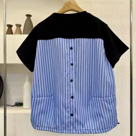 BY12497# 韩国东大门春夏新款女装圆领时尚撞色竖条纹拼接下摆抽绳T恤 服裝批發女裝批發服飾貨源