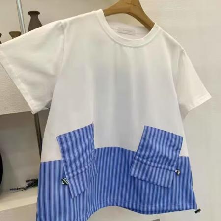 BY12497# 韩国东大门春夏新款女装圆领时尚撞色竖条纹拼接下摆抽绳T恤 服裝批發女裝批發服飾貨源