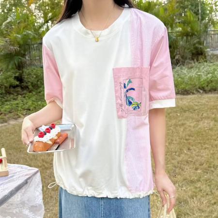 BY12498# 韩国东大门春夏上新设计师款时尚条纹拼接下摆抽绳休闲短袖T恤女 服裝批發女裝批發服飾貨源