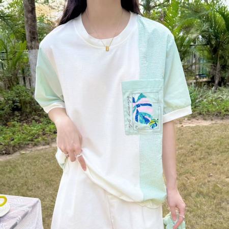 BY12498# 韩国东大门春夏上新设计师款时尚条纹拼接下摆抽绳休闲短袖T恤女 服裝批發女裝批發服飾貨源