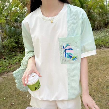 BY12498# 韩国东大门春夏上新设计师款时尚条纹拼接下摆抽绳休闲短袖T恤女 服裝批發女裝批發服飾貨源